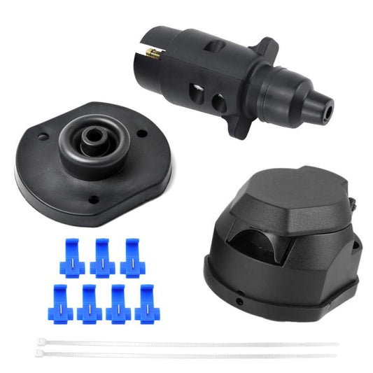 Waterproof black 7-pin car socket kit with mounting base, pins, and dust caps