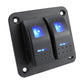 LED switch panel with two blue-lit buttons, black housing with mounting holes