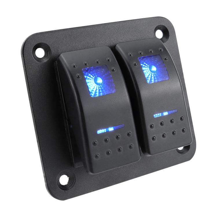 LED switch panel with two blue-lit buttons, black housing with mounting holes