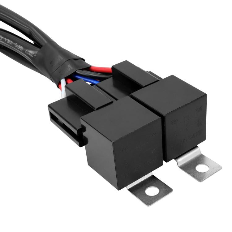 LED wiring harness fuse switch module with black housing and metal mounting tabs