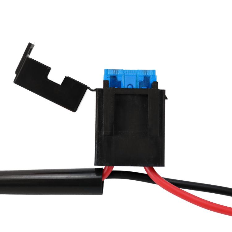 LED wiring harness fuse holder with blue fuse cartridge, black connector housing