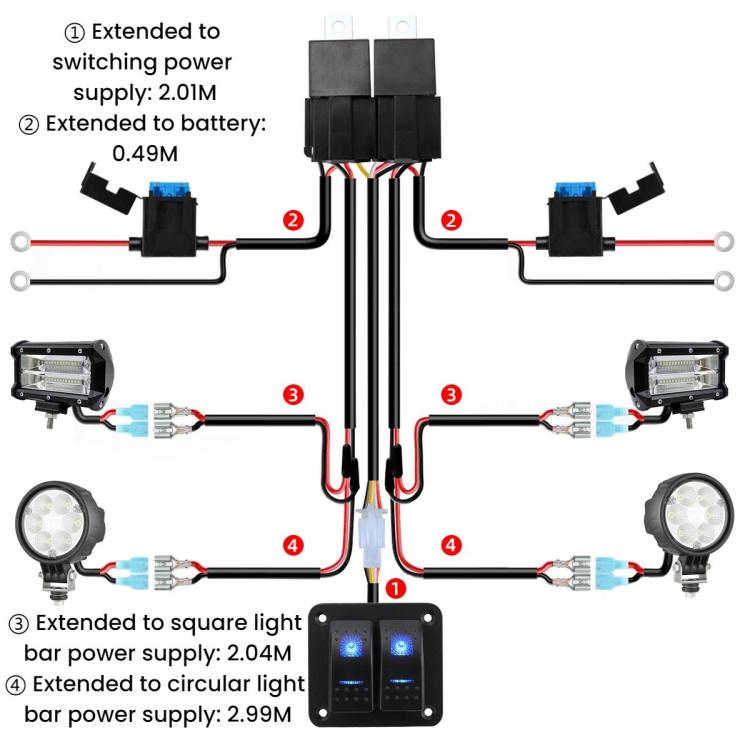 LED wiring harness schematic showing multiple switch outputs and connectors