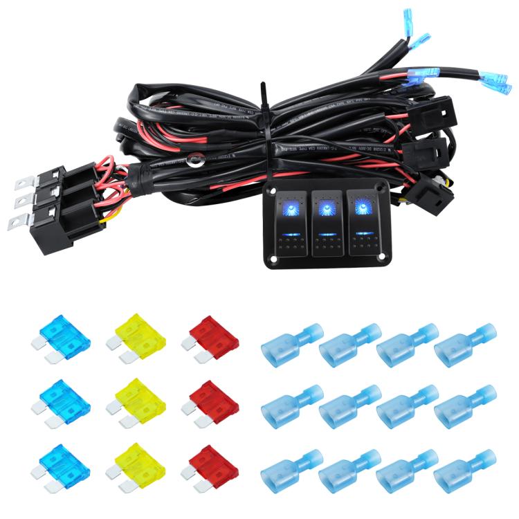 LED light strip wiring harness kit with fuse and black 3-key switch panel, bundled wires