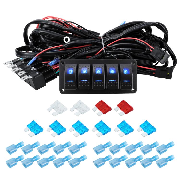 LED light strip wiring harness kit with fuse and black 5-key switch panel, bundled wires