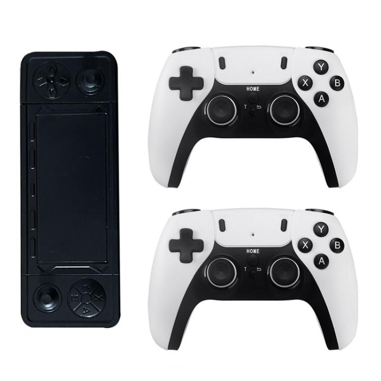 Black handheld game console with two white wireless controllers