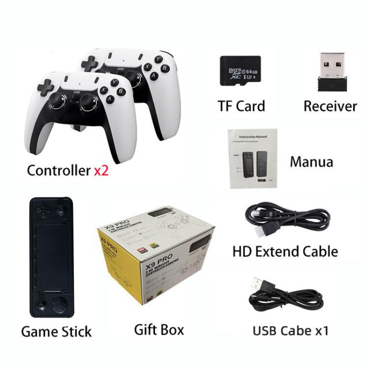 Game console bundle: two white controllers, black game stick, box, cables, receiver, TF card