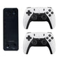 Black game console beside two white controllers, front view