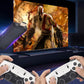 Two hands holding white wireless controllers in front of a game console