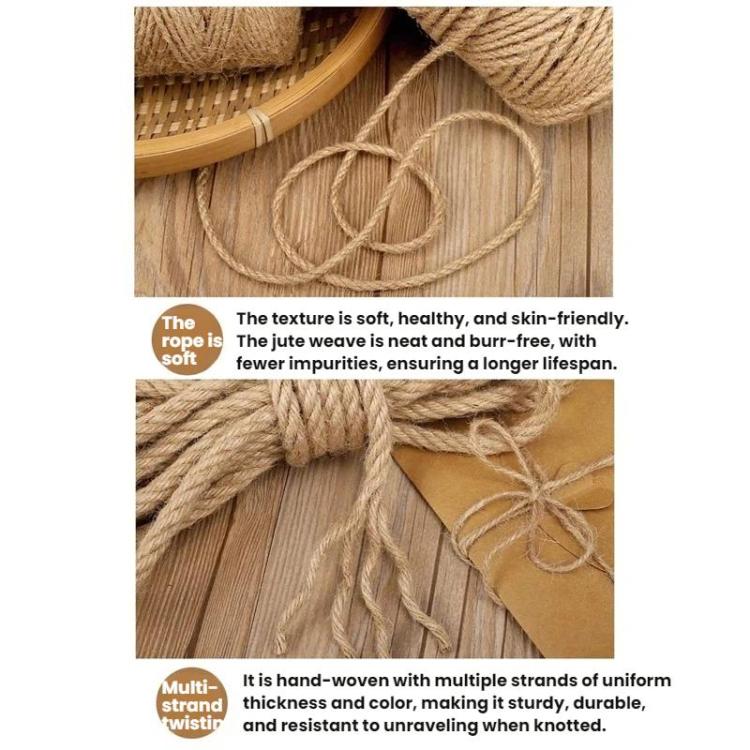 Hand-woven tan hemp rope strands with soft, neat weave on wooden surface