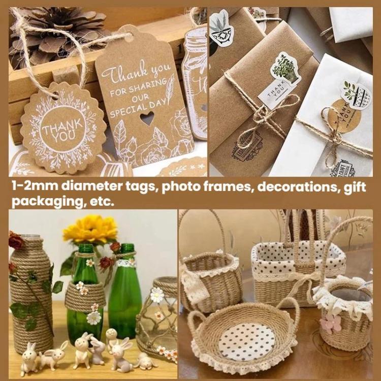 Tan hemp rope used for gift tags and decorative twine on kraft packaging