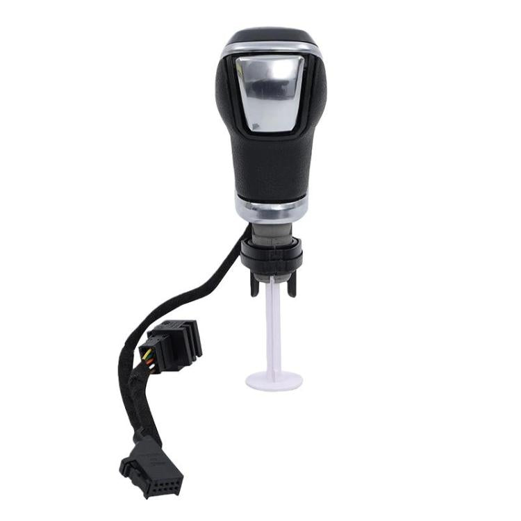Illuminated LED gear shifter knob with plug harness, black and silver handle