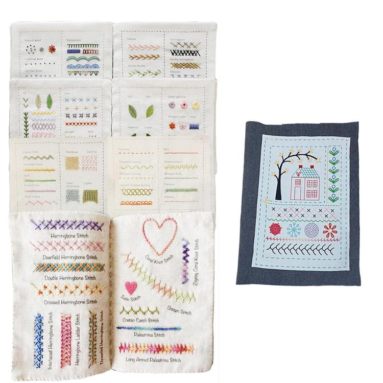 Embroidery stitch book with multi-color stitch samples on white fabric pages