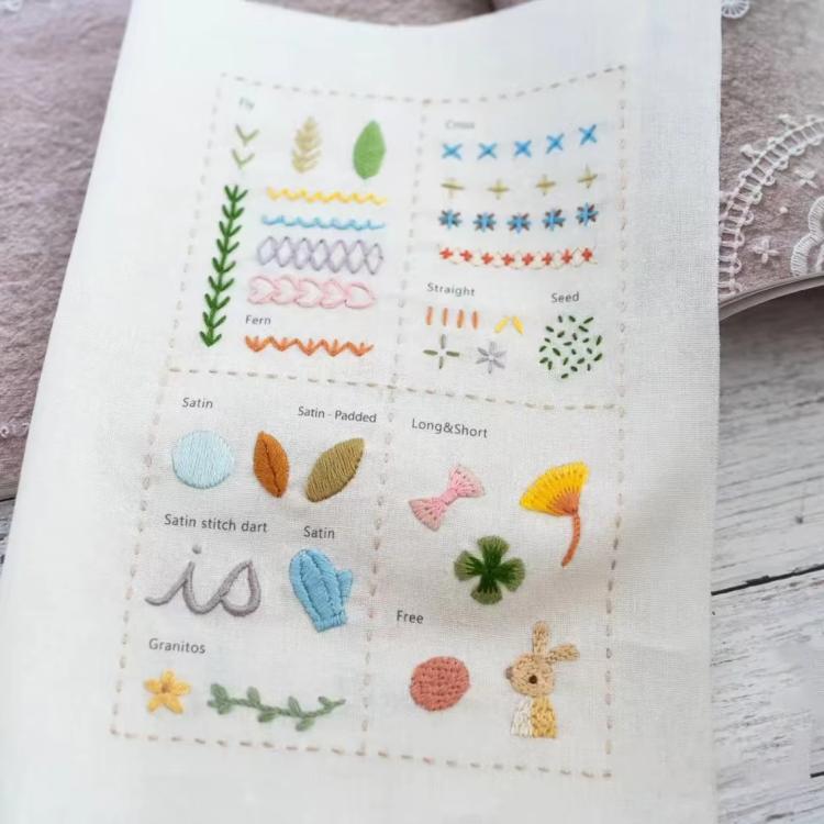 Close-up embroidery stitch book page with colorful stitch patterns and motifs