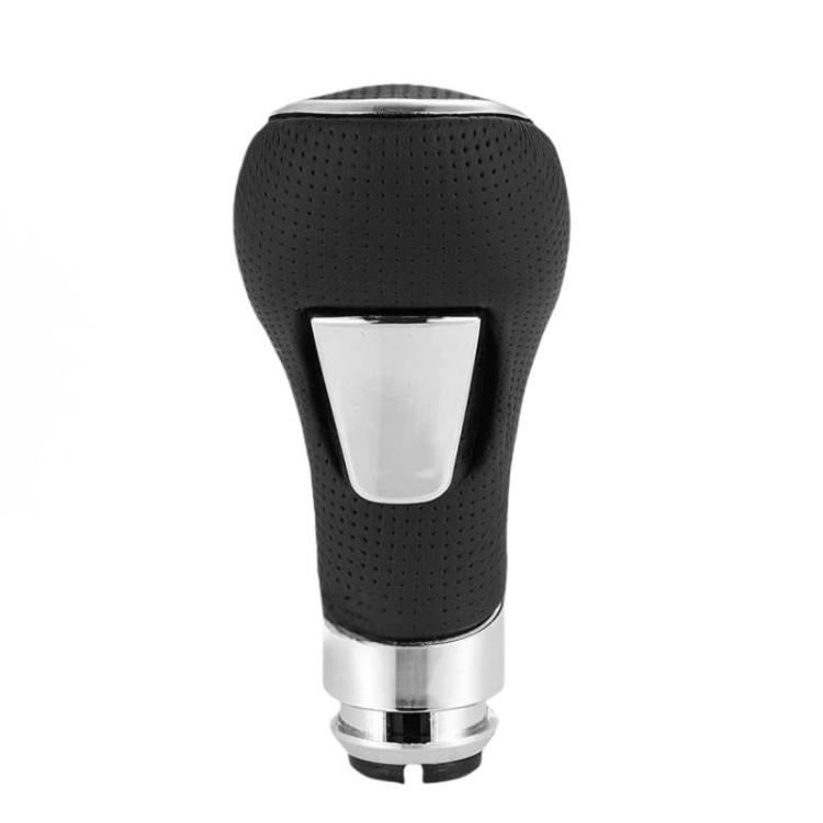 Car leather gear shift knob with perforated black grip and chrome base