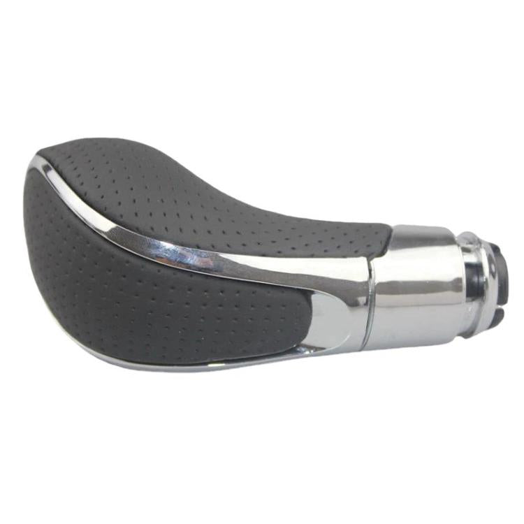 Car leather gear shift knob with black perforated cover and chrome side trim