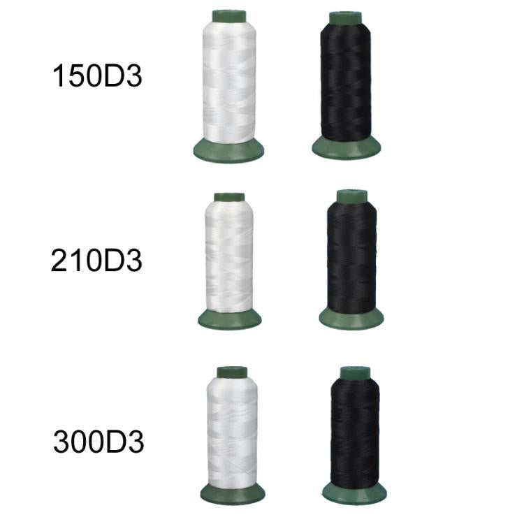 Assorted nylon sewing thread spools labeled 150D3, 210D3, and 300D3 in white and black