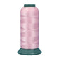 Nylon sewing thread spool, pink 3-strand thread on green base.