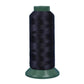Nylon sewing thread spool, dark navy/black 3-strand thread on green base.