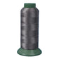 Nylon sewing thread spool, silver gray 3-strand thread on green base.