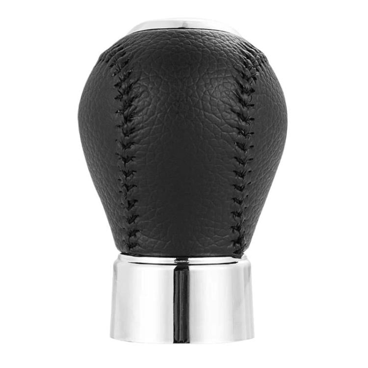 Black leather-look gear shift knob with stitched seam texture and chrome lower ring