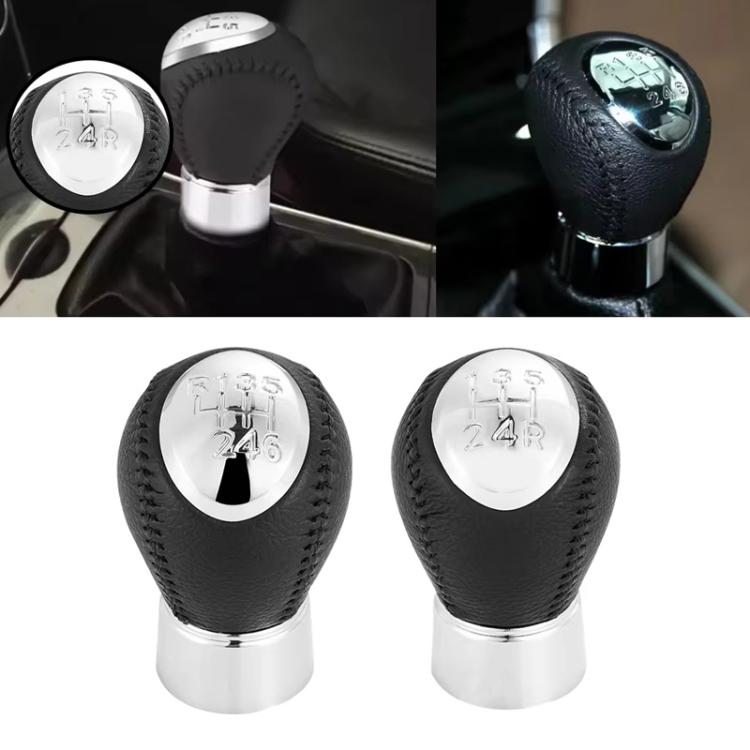 Black leather-look gear shift knob with engraved top, shown from multiple angles