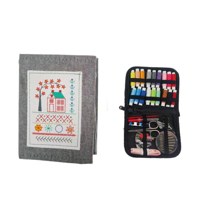 Embroidery stitch book with needle-and-accessory kit in a black zip pouch
