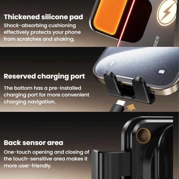 Wireless charger mount with thick silicone pad, charging port, and touch sensor