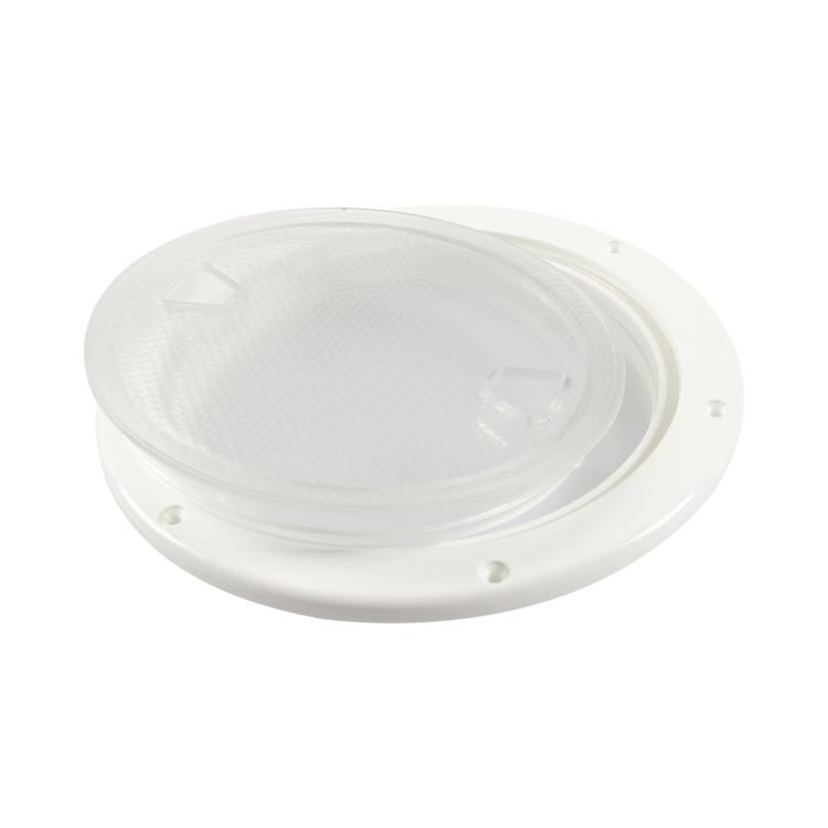 Clear lens marine deck cover with white oval mounting flange, angled view