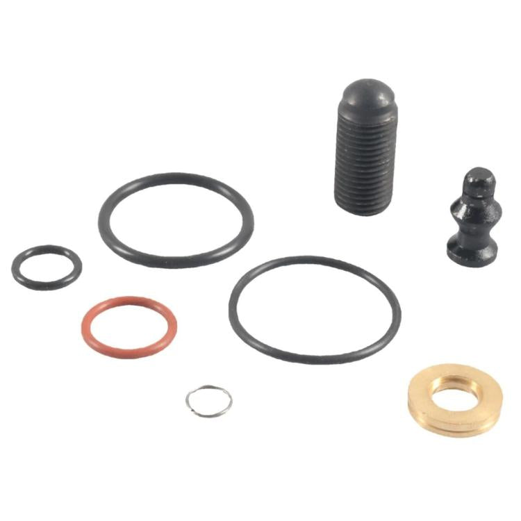 Fuel injector repair kit parts: black seals, O-rings, two screws, brass washer