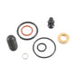Fuel injector repair kit components: black gaskets, orange O-ring, brass washer, screws