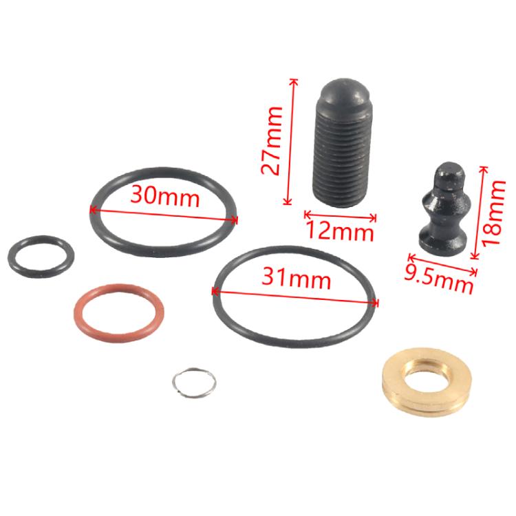 Fuel injector repair kit measurements shown: 30mm oval seal, 27mm screw, 18mm screw