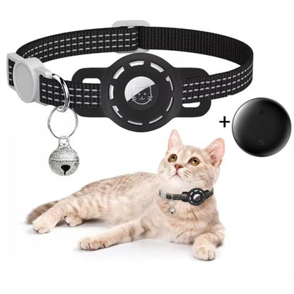Pet GPS cat tracker collar, black fabric band with round display and bell keychain