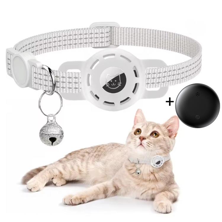 Pet GPS cat tracker collar, white fabric band with round display and bell keychain
