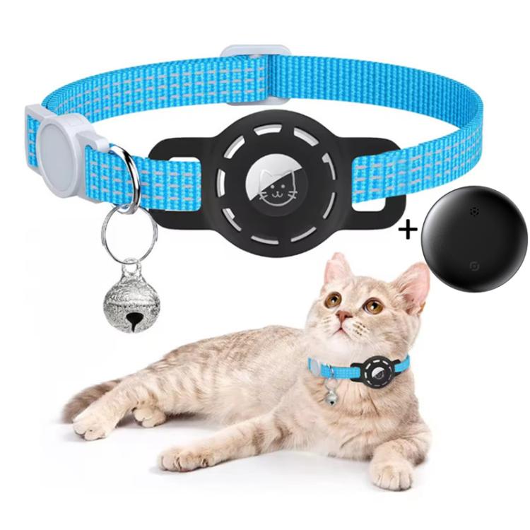Pet GPS cat tracker collar, light blue band with round display and bell keychain