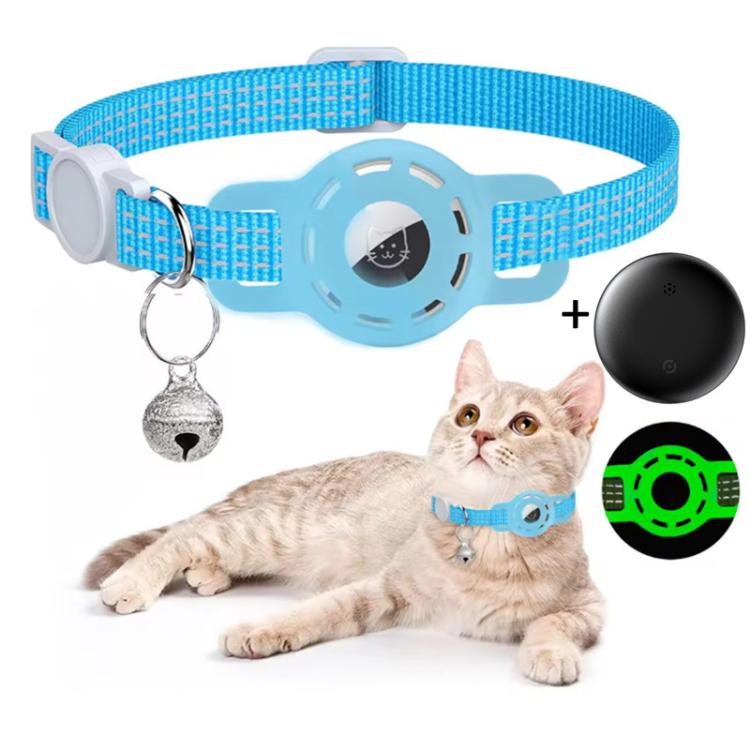 Pet GPS cat tracker collar, light blue band with round display and bell keychain