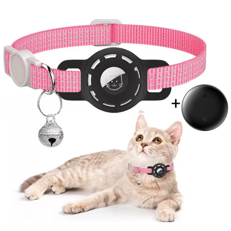 Pink pet cat tracker collar with circular GPS tag and bell charm, adjustable strap
