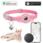 Pink pet cat tracker collar with circular GPS tag and bell charm, paired tracker device