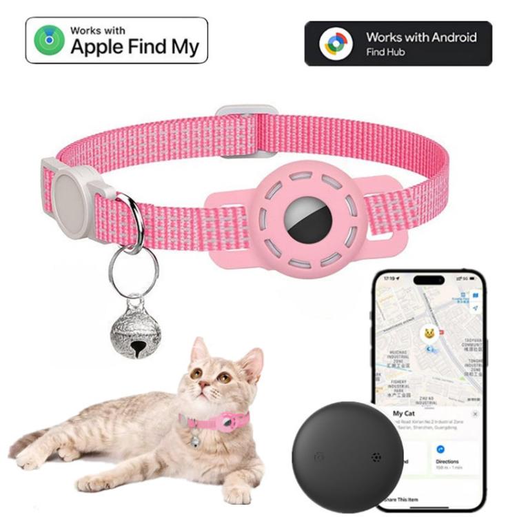 Pink pet cat tracker collar with circular GPS tag and bell charm, paired tracker device