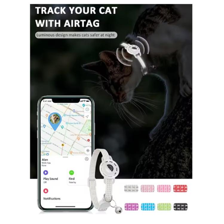 Cat tracker collar with circular tag and bell charm, shown with extra strap color options