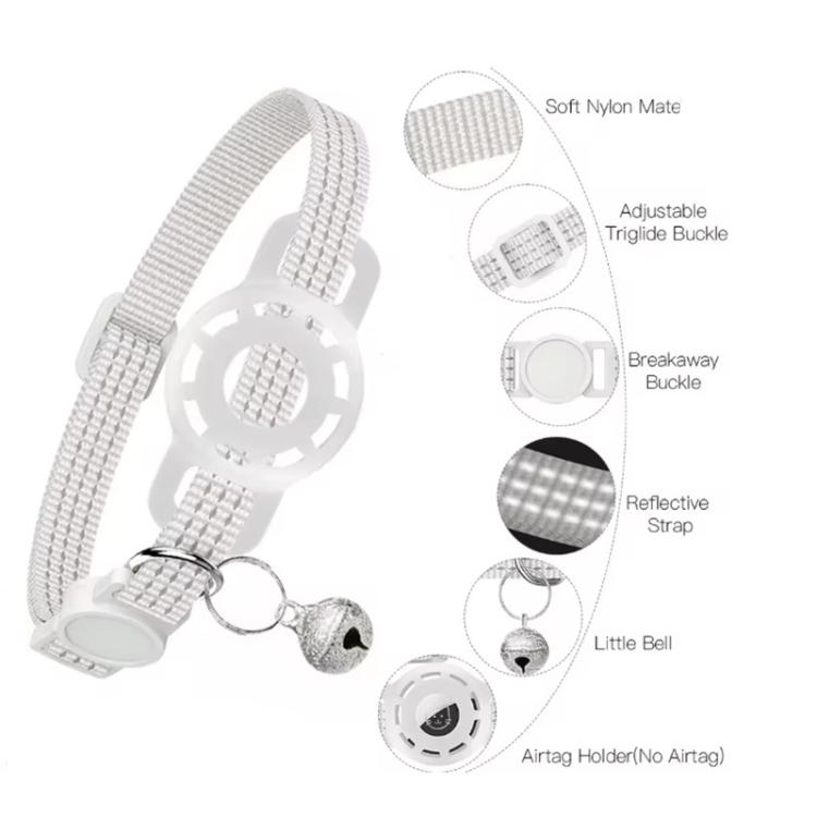 White pet cat tracker collar set showing adjustable strap, breakaway buckle, bell