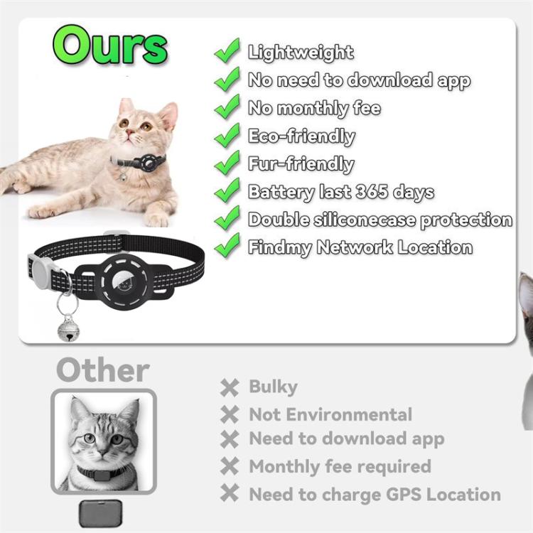 Black pet cat tracker collar with circular GPS tag and bell charm, lightweight design