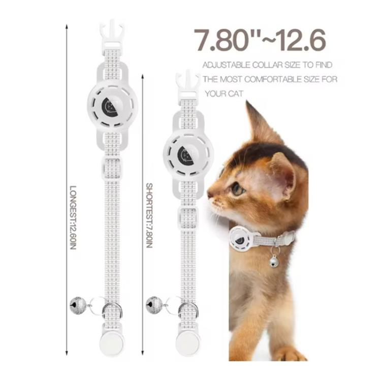 White adjustable cat collar with round GPS tracker and bell tag