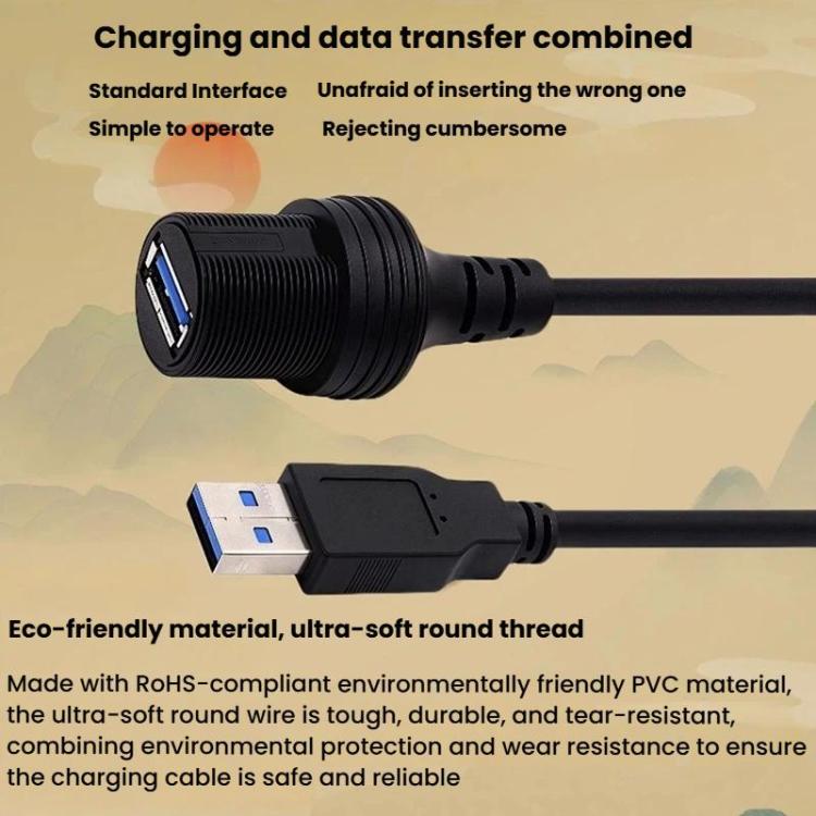 USB male-to-female extension cable with blue USB ports and rugged threaded housing