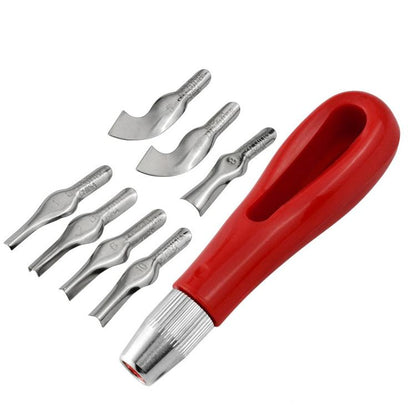 Engraving knife set with red handle and multiple silver metal carving blades