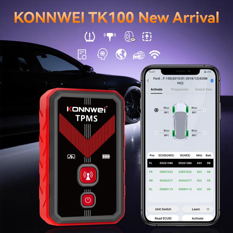 Red and black KONNWEI TPMS tool with screen showing sensor status
