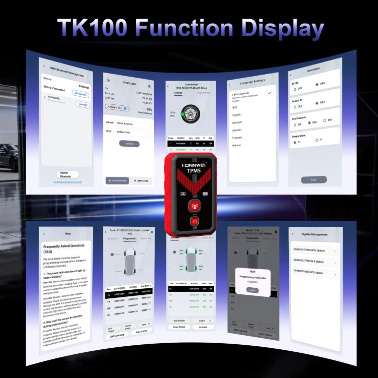 Red and black TPMS function display tool with visible control buttons
