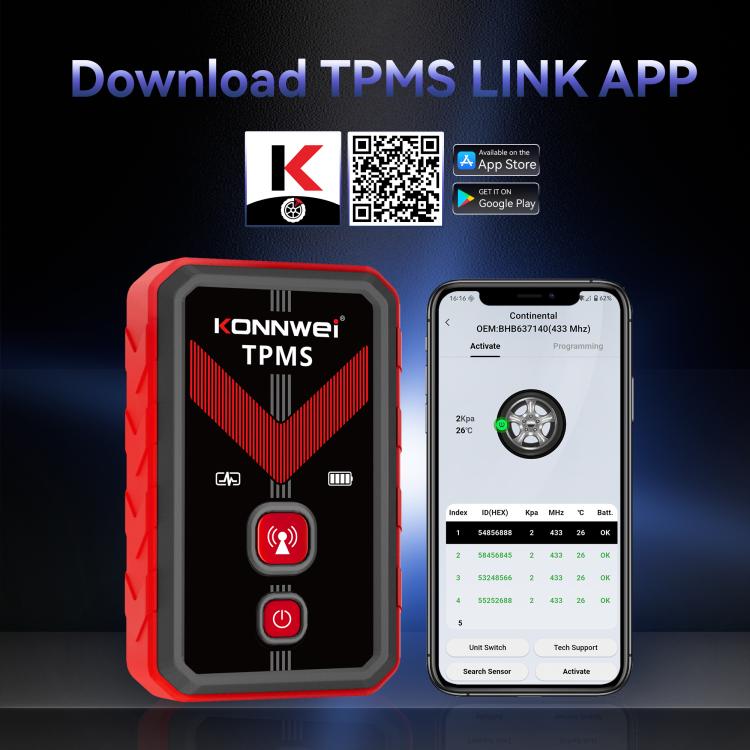 Red and black TPMS tool with QR-code app download shown on nearby phone