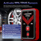 Red and black TPMS tool with icon buttons beside a car wheel