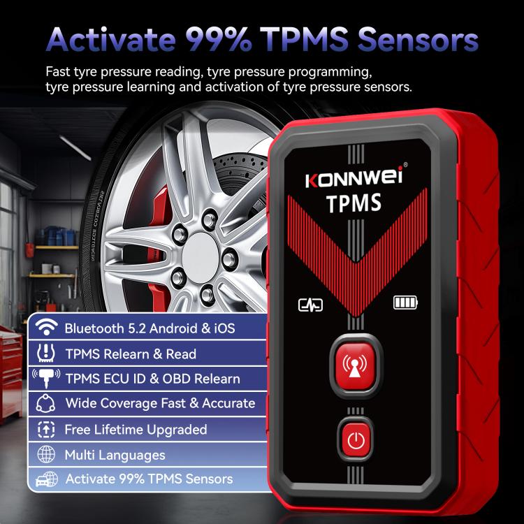 Red and black TPMS tool with icon buttons beside a car wheel
