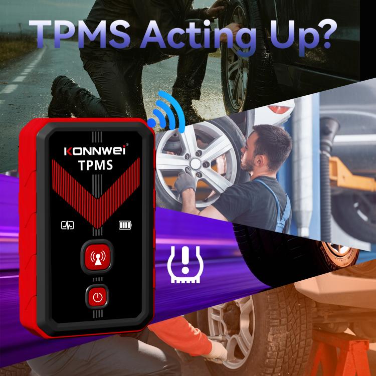 Red and black TPMS tool in hand near a car tire with activation signal